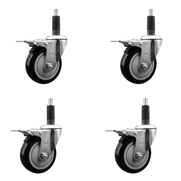 4'' Black Poly Swivel 1'' Expanding Stem Caster Set Total Lock Brake, 4PK
